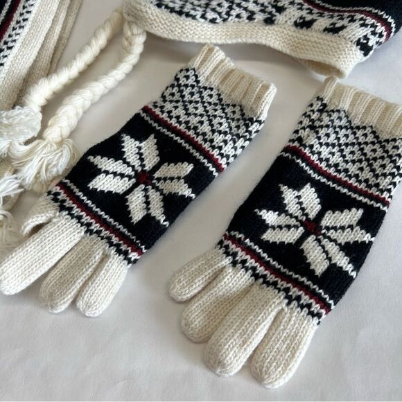 Ralph Lauren Girls 2-6X Winter Set Scarf Gloves And Hat Black Cream Snowflakes - Picture 4 of 10